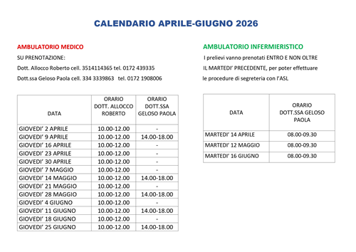 Calendario ambulatorio medico Aprile-Giugno 2026
