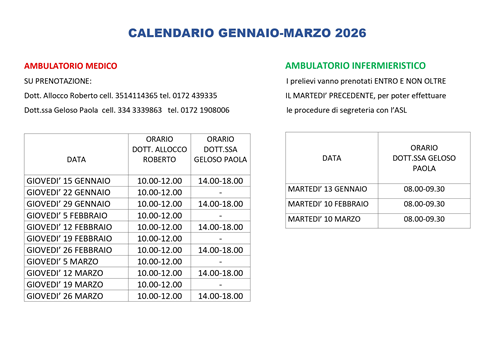 Calandario ambulatorio medico Gennaio-Marzo